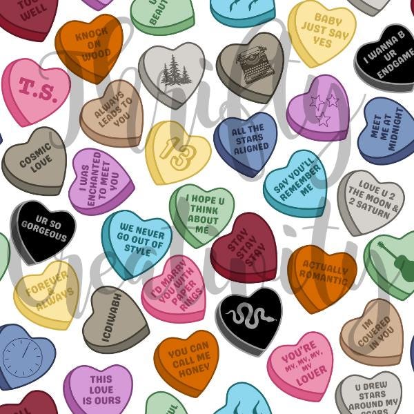 Valentine Conversation Hearts TS Icons Music Pop Star Era Showgirl Lyrics Seamless Pattern Fabric Digital