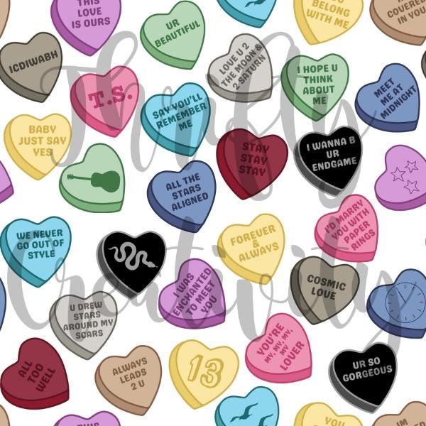 Valentine Conversation Hearts TS Icons Music Pop Star Era Lyrics Seamless Pattern Fabric Design Surface Pattern Digital Patterns