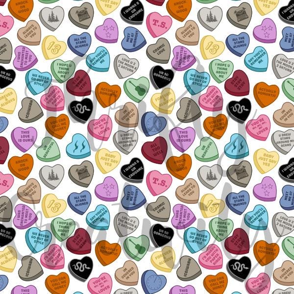 Valentine Conversation Hearts TS Icons Music Pop Star Era Showgirl Lyrics Seamless Pattern Fabric Digital